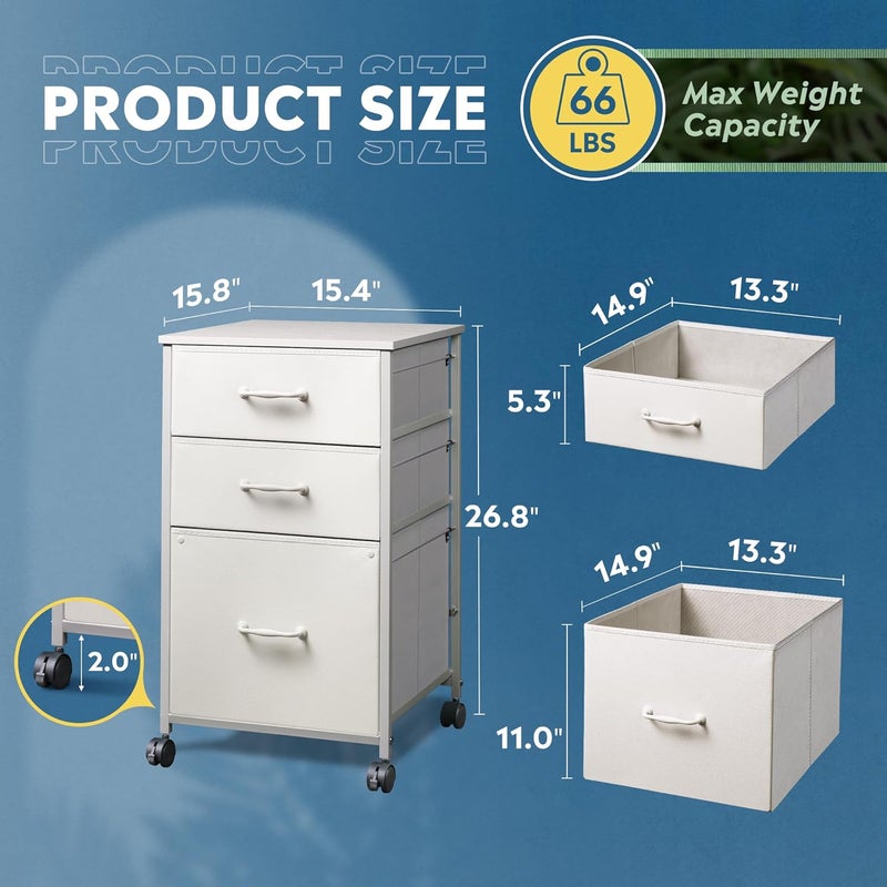 DEVAISE Mobile File Cabinet, Rolling Printer Stand with 3 Drawers, Fabric Vertical Filing Cabinet fits A4 or Letter Size for Home Office, White - Image 3